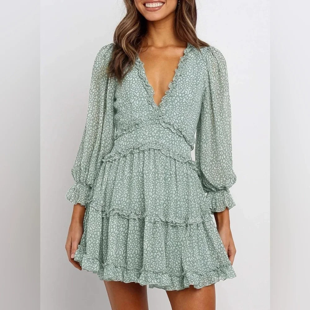 Deep V-Neck Long Sleeve Floral Mini Dress